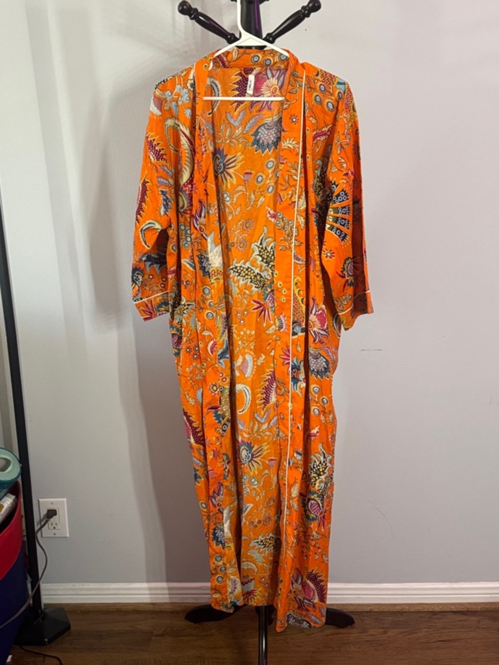 Vibrant Orange Floral Long Kimono Dress